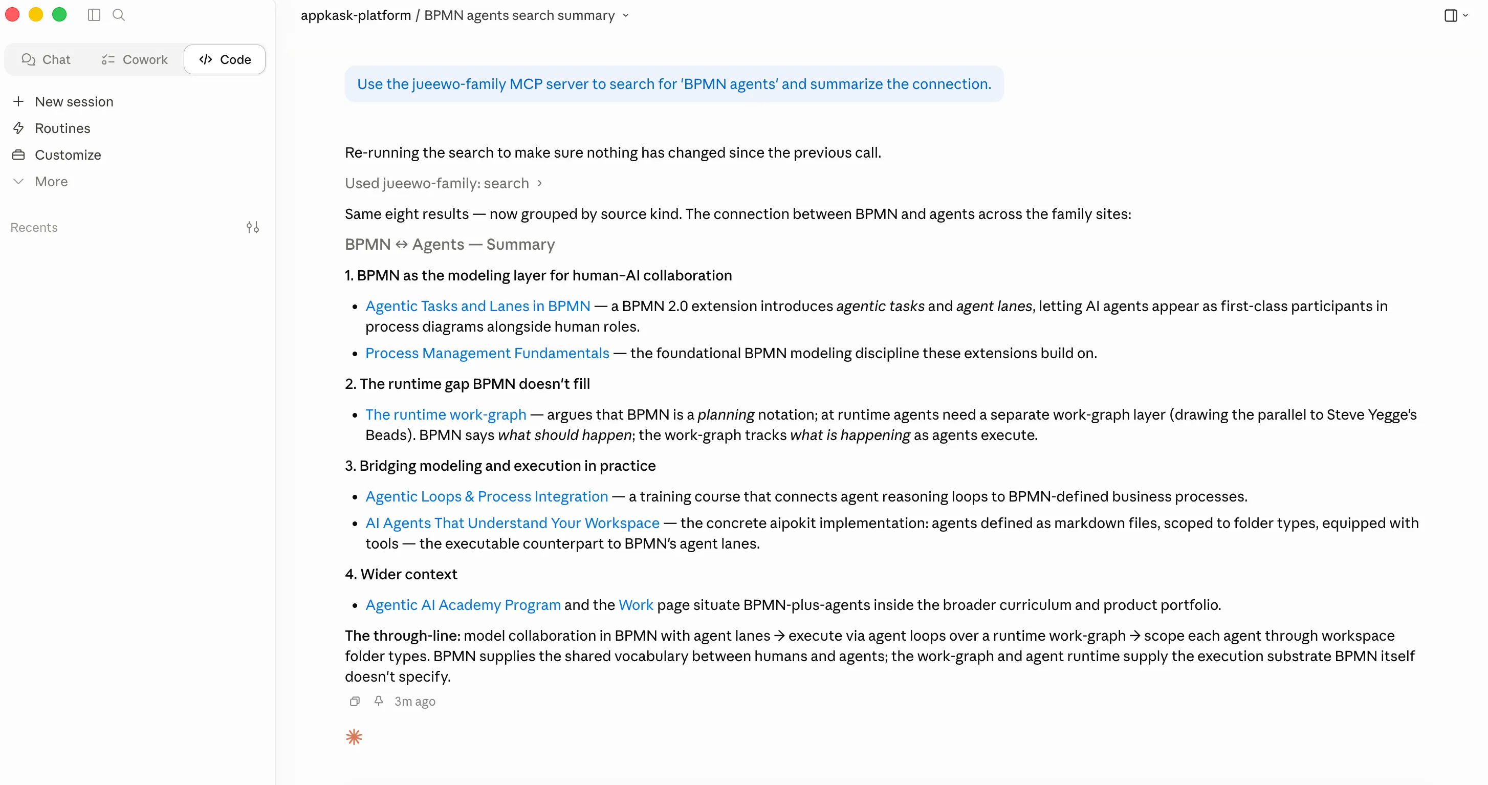 MCP search results grouped by source kind — PAGES, JOURNAL, TRAINING